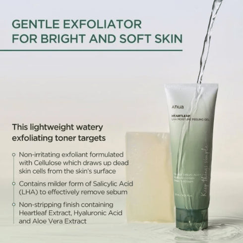 Anua LHA Moisture Peeling Gel curăță în profunzime fără a usca pielea, fiind perfect pentru exfoliere blândă a tenului gras sau mixt. Reduce punctele negre și excesul de sebum.